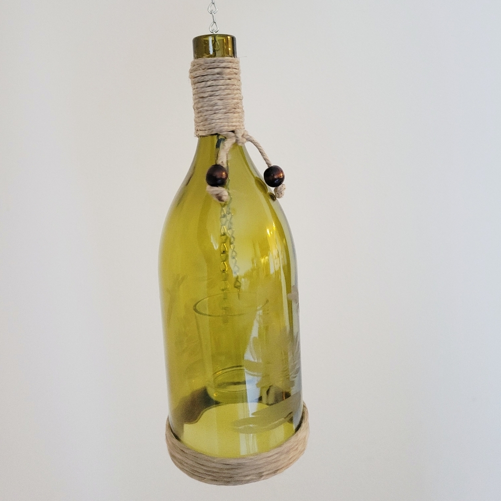 Hanging Wine Bottle Lantern Home Decor Candle Holder Green Boho Accent